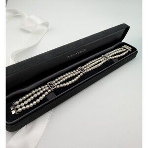 Vtg. Tiffany & Co. Voile Diamond Station 3-Row Pearl Bracelet in Platinum RARE